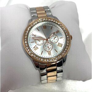 Womens FMD Quartz Analog Watch Rose Gold Silver Crystal Accents New Battery
